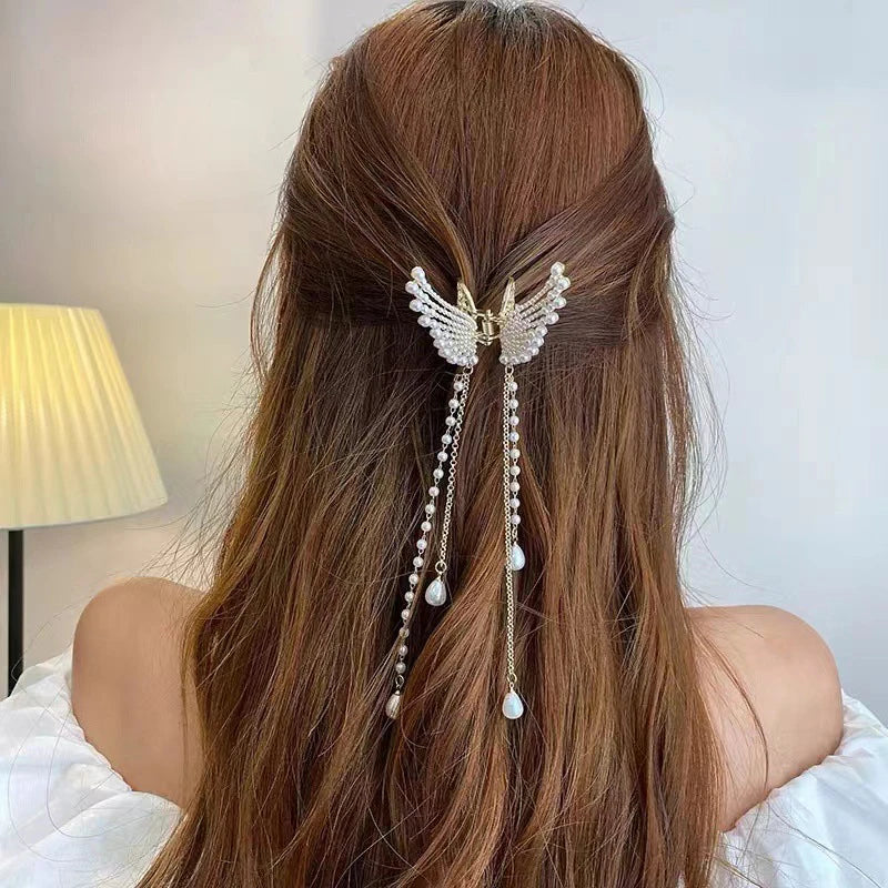 Super Fairy Butterfly Tassel Grab with Diamond Pearl Angel Wings Back Head Hair Grab Female Summer Half Tie Hair Artifact