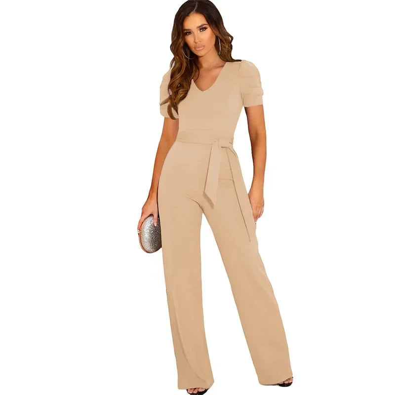 2024 Summer New Style Strap Waist Wrapped jumpsuit Women's Solid Color V-neck Short Sleeve Wide Leg Long Pants