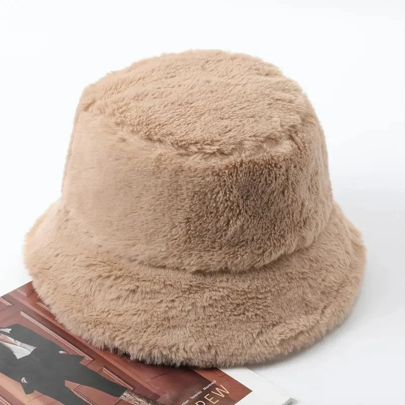 Thicken Autumn Winter Warm Plush Panama Casual Hats for Women Soft Faux Rabbit Fur Bucket Hat Solid Ladies Fisherman Caps Bonnet