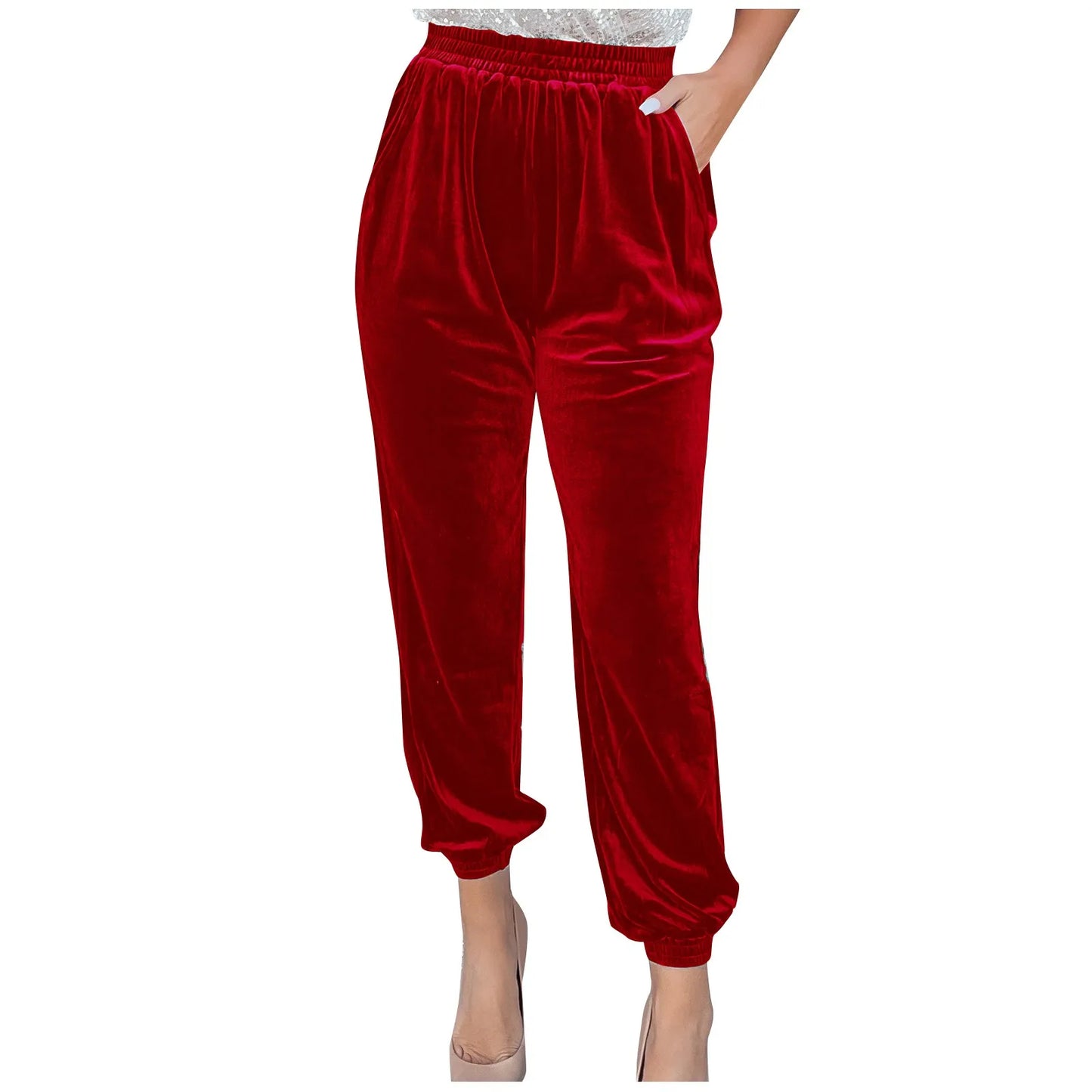 Women's Velvet Pants High Waist Loose Wide Leg Pants Casual Elastic Waist Velour Long Trousers with Pockets
