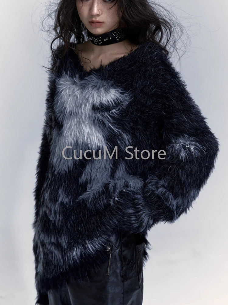 Women Black Gothic Mohair Pullover Knitted Sweater Harajuku Y2k Long Sleeves Sweater Jumper Vintage 2000s Aesthetic Clothes 2024