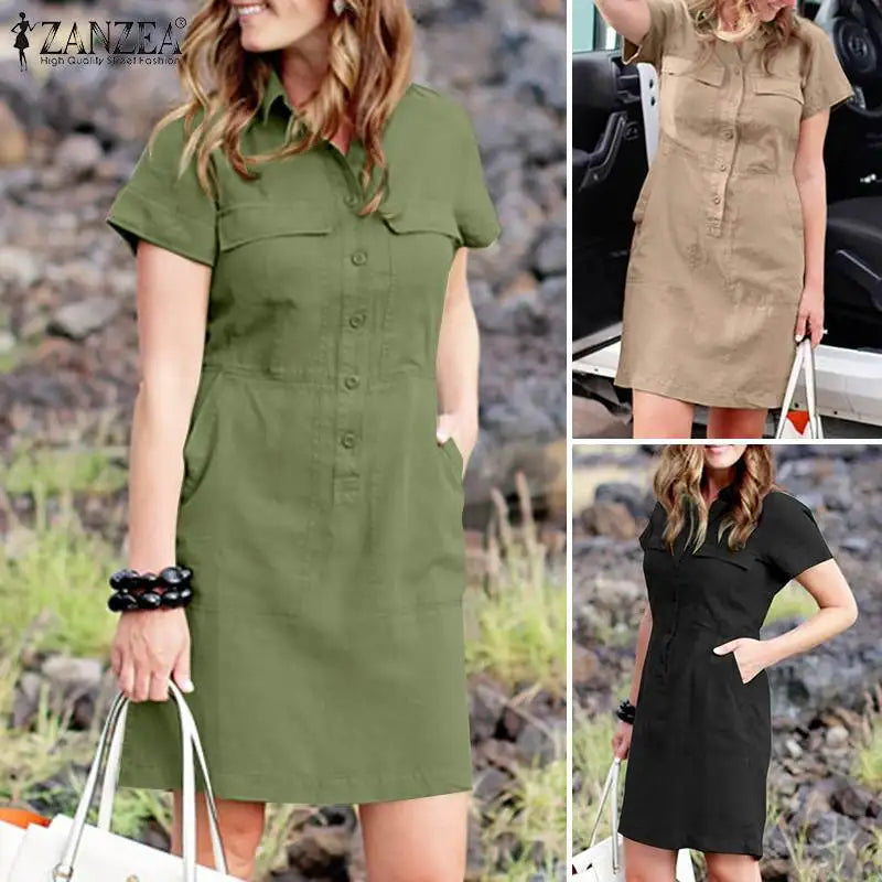 ZANZEA Women Summer Cargo Dress Fashion Solid Shirt Vestidos Vintage Loose OL Work Sundress Green Elegant Holiday Dresses Kaftan Viralgem Store