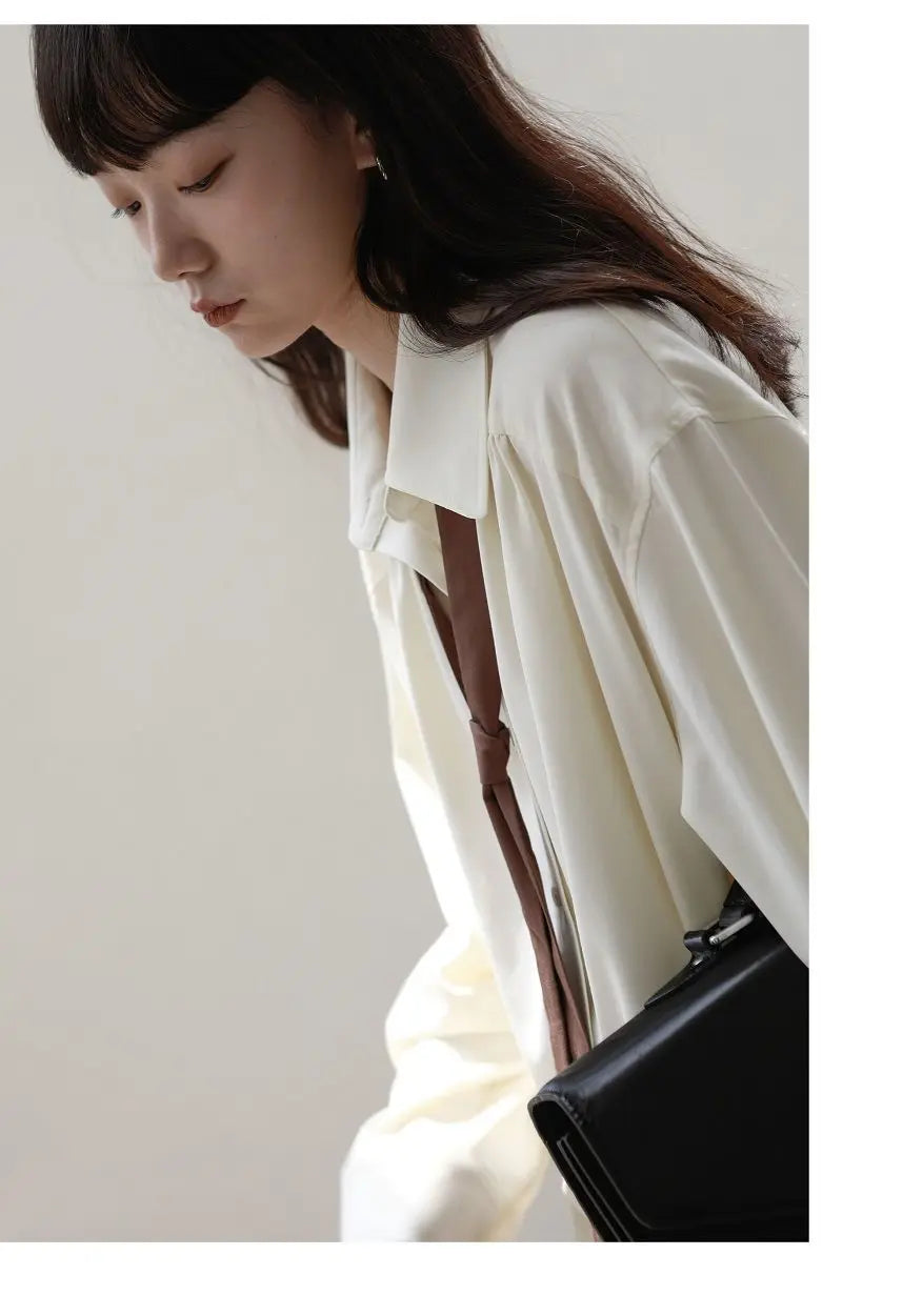 2025 Summer Minimalist Long Sleeve Button Up Shirt Women Korean Style Solid Tie Oversize Shirts Blouse Loose Clothes Autumn Tops