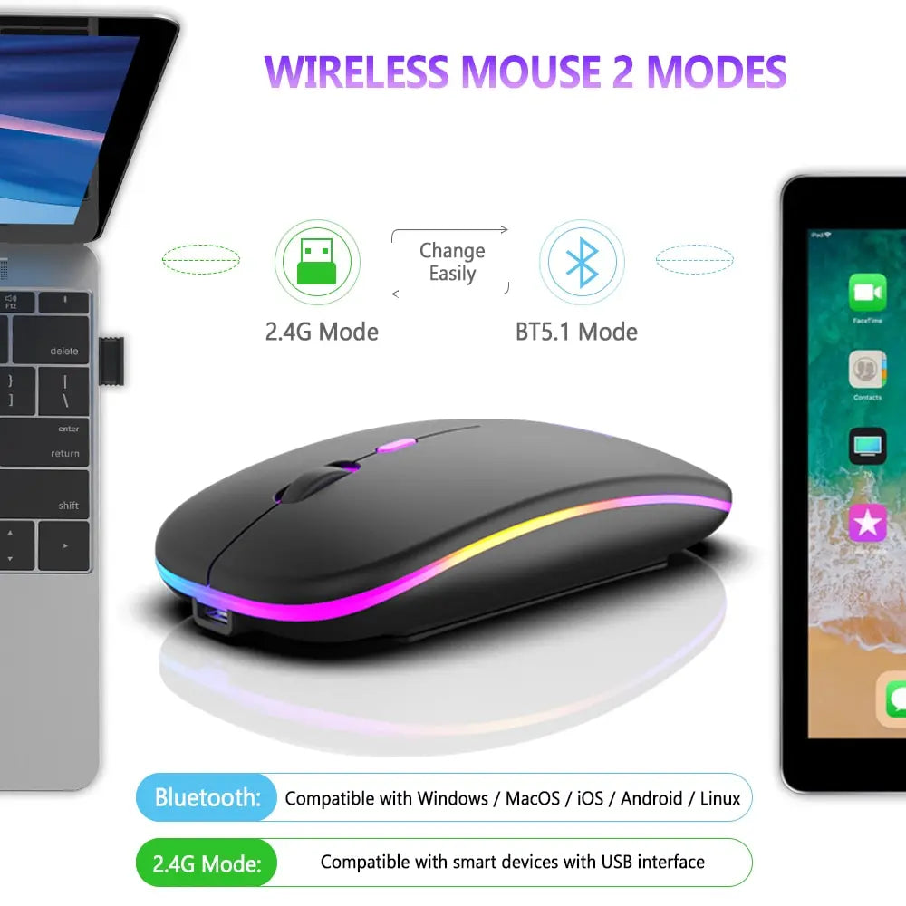 Wireless Mouse Bluetooth and 2.4GHz Dual Modes Rechargeable RGB Ergonomic Silent Click for PC iPad Laptop Cell Phone TV Viralgem Store