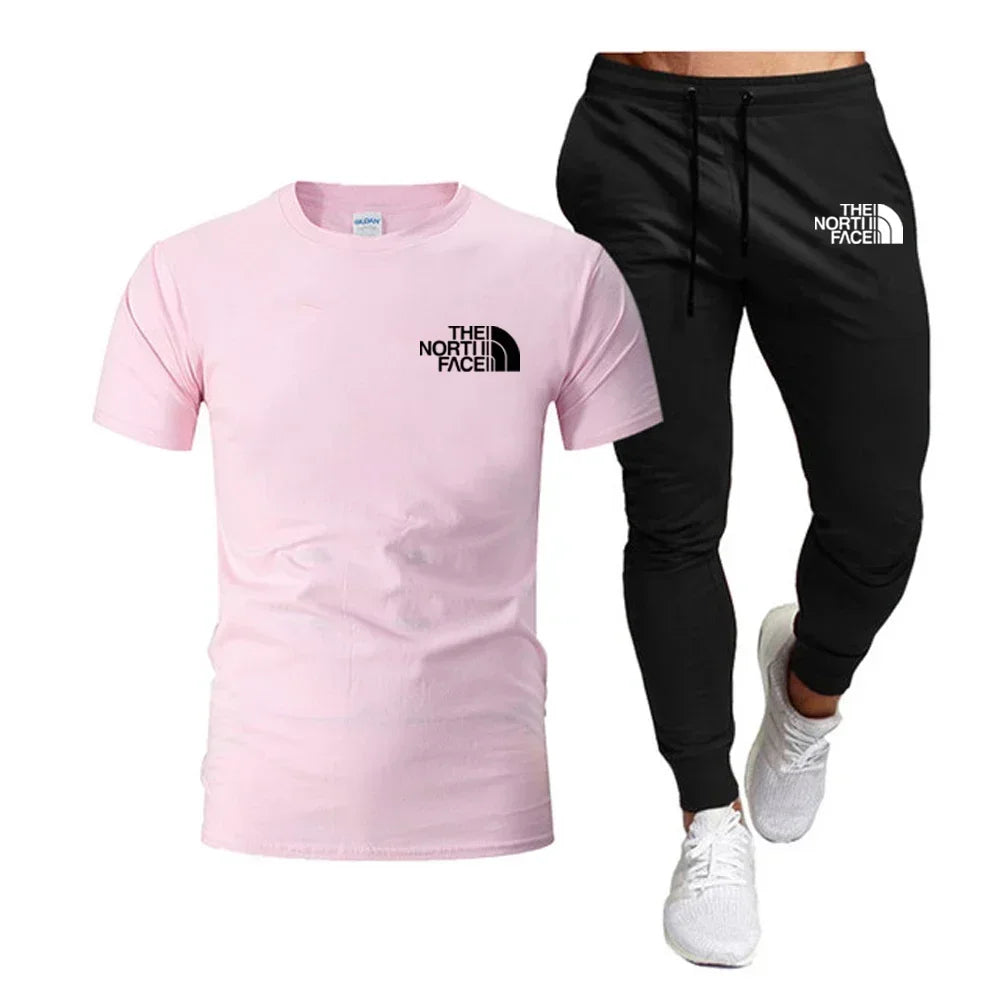 Summer 2025 Men Tops 100% Fashion Cotton Short Sleeve Long Sweatpants Streetwear 2 Piece Sets Men Clothing