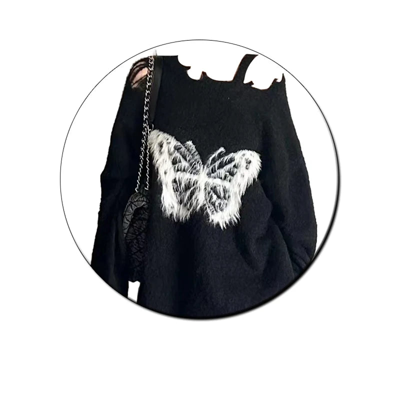 Women's Black Gothic Pullover Knitted Sweater Harajuku Y2k Long Sleeves Emo Torn Sweater Jumper Vintage 2000s Aesthetic Clothes