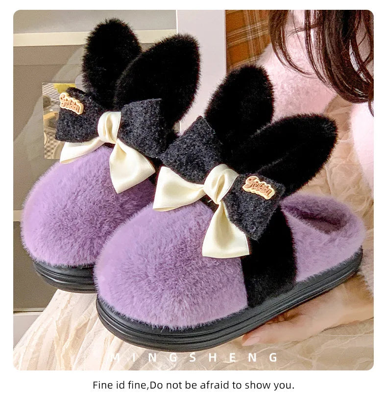 8 cm High platform fur slippers women's winter fluffy ear home shoes woman white bunny rabbit slippers woman house clog shoes