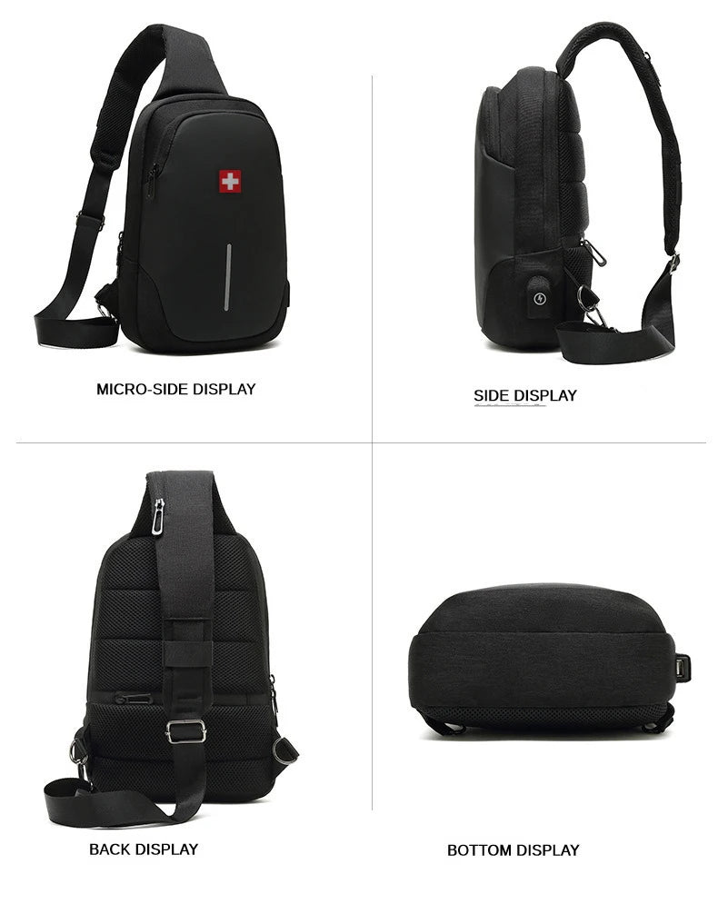 SWISS New Men's Casual Chest Bag Sports Waterproof Shoulder Bag Anti-theft Crossbody Bag Fashion Solid Color Usb Bag Sling Pack Viralgem Store