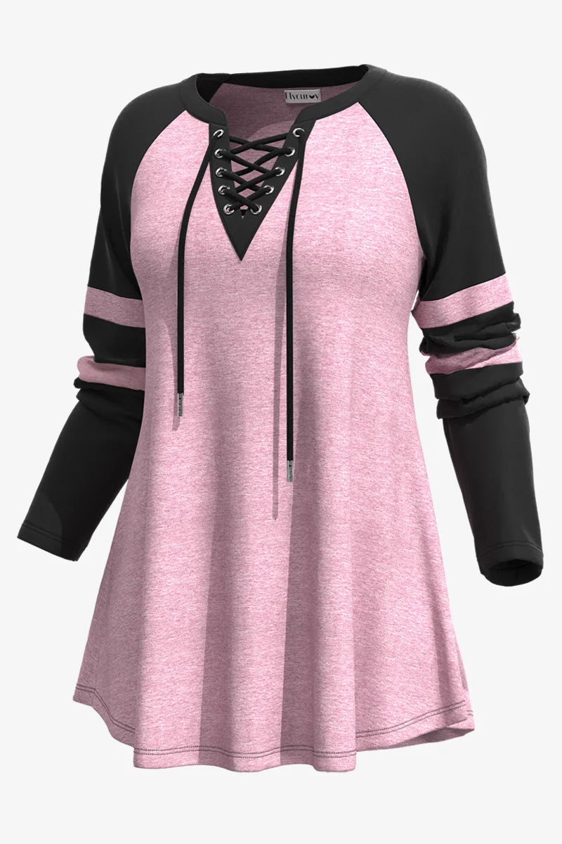 Women Long Sleeve T shirt Plus Size Casual Pink Colorblock Cross Lace-Up V Neck T shirt Loose Casual Splice Medium Stretch Tops