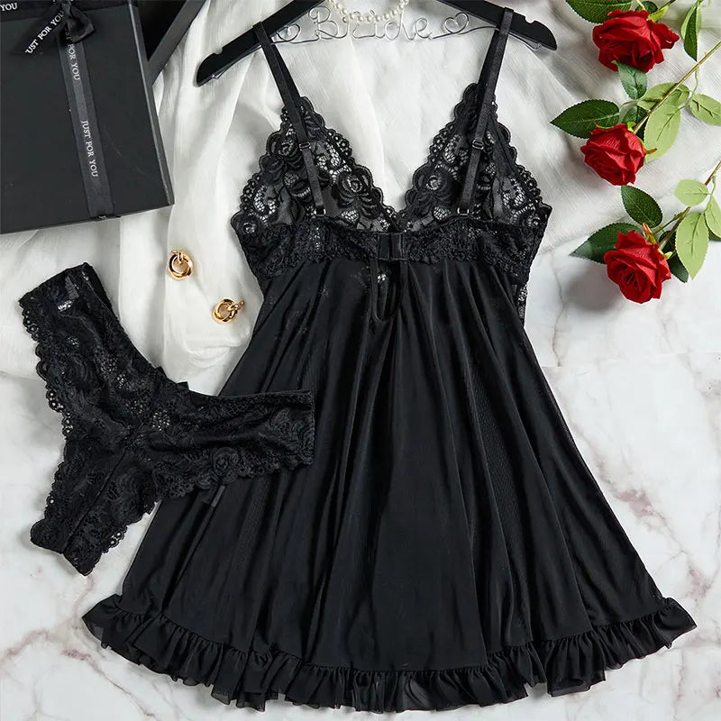 Thin Style G-string Contrast Lace Ruffle Trim Lingerie Set Deep V Slip Dress Thong Women's Sexy Lingerie Lencería Mujeres Viralgem Store