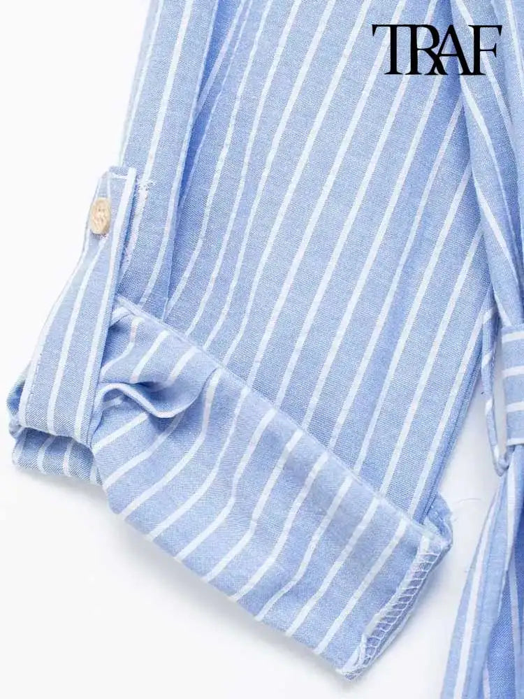 TRAF Women Fashion With Belt Front Patch Pockets Midi Shirt Dress Long Turn-up Sleeves Button-up Female Dresses Mujer