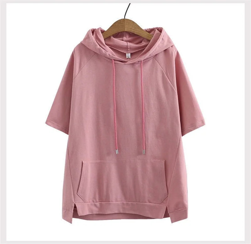 2023 Oversize 4XL Loose Sweatshirts Women Cotton Hoodies Summer Short-sleeves Thin Tees Female Casual Pullover Tops Outerwear
