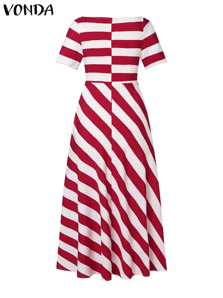 Stripe Maxi Dress VONDA Women Sexy Off Shoulder Printed Sundress 2024 Elegant Casual Loose Short Sleeve Robe Bohemian Vestidos