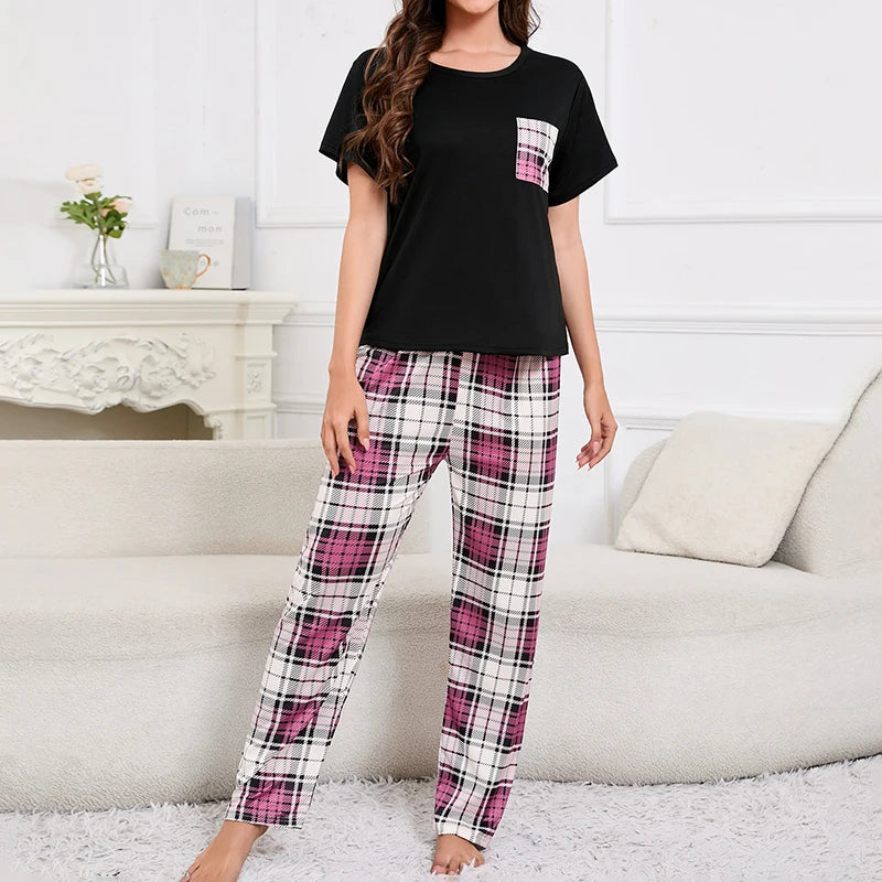 3-Piece Women's Checkered Printing Pajamas Set Soft & Comfy Crew Neck Tee Elastic Shorts & Lounge Pants Sleepwear Home Clothing