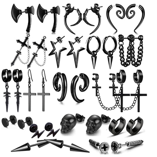 WKOUD 1 Pairs Stainless Steel Punk Black Dangle Earrings For Men Cross Skull Screw Cone Huggie Hoop Long Chain Piercing Hoop Viralgem Store