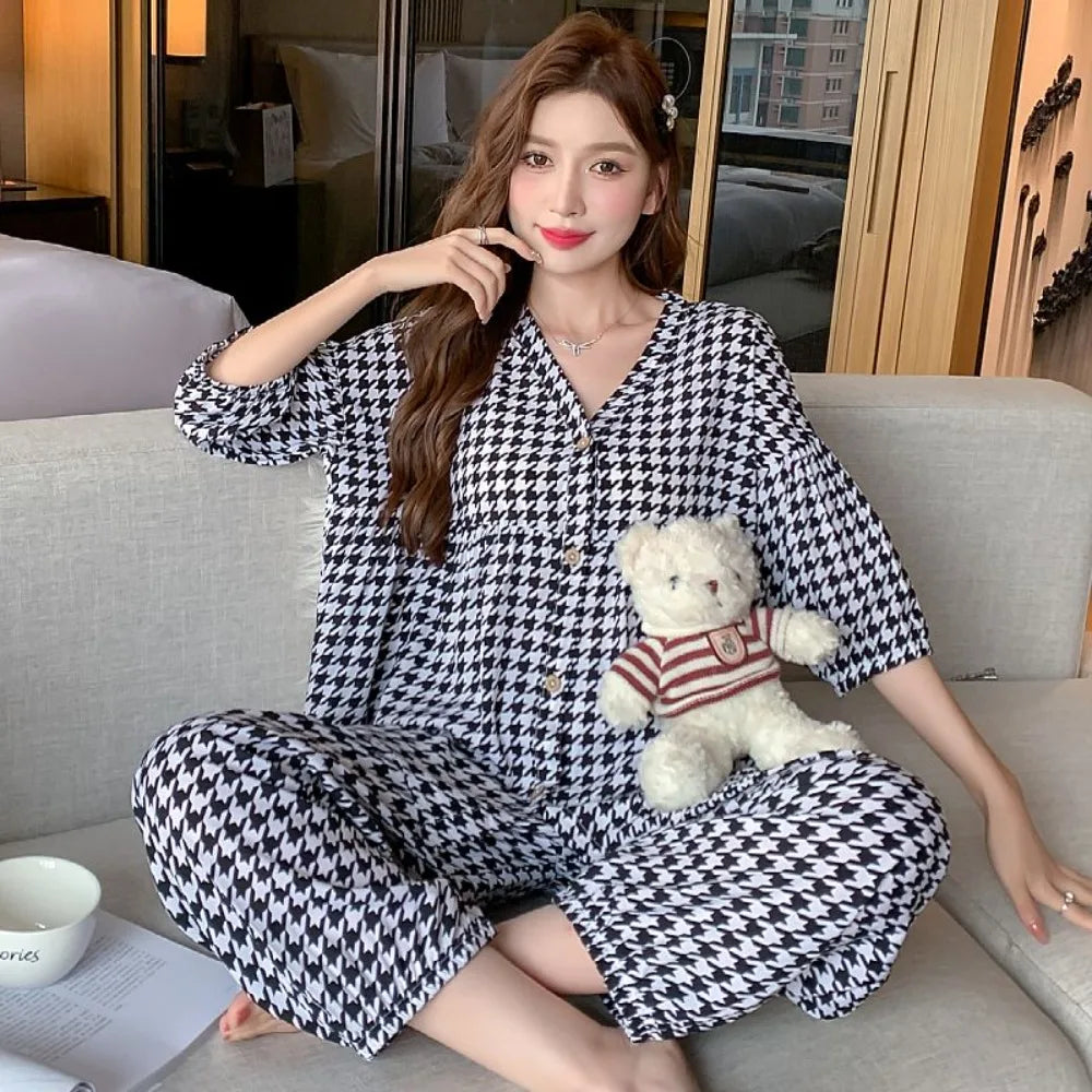 2023 New Cotton Silk Summer Pajamas Suit Plus Size Loose Ladies Home Clothes Two-piece Casual Style Thin