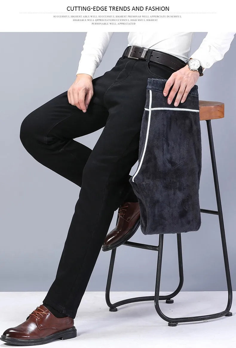 2025 Winter Warm Denim Casual  Fleece  Jeans Men Elasticity  Slim Fit Stretch Thick Velvet Pants Black Grey Blue Jeans
