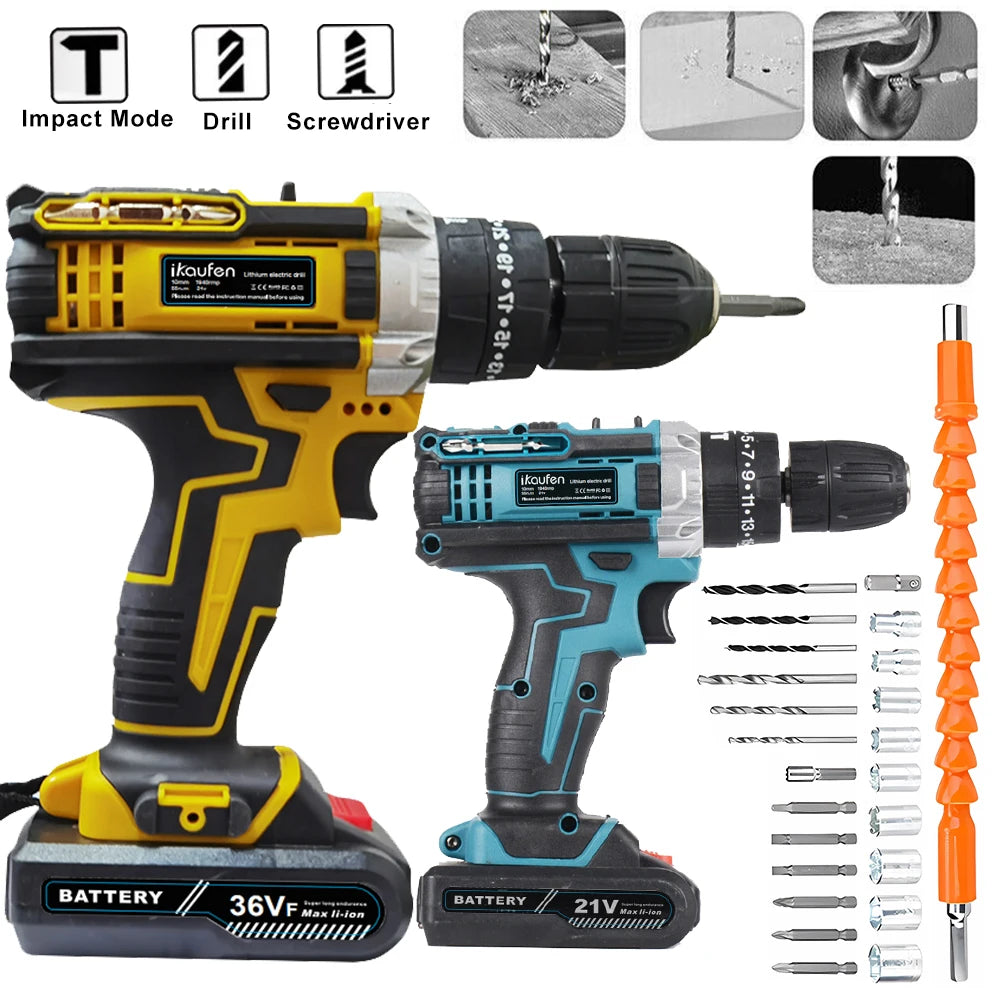 21V Cordless Drill Electric Screwdriver Mini Wireless Power Driver Lithium-Ion Battery Home DIY Cordless Drill Set