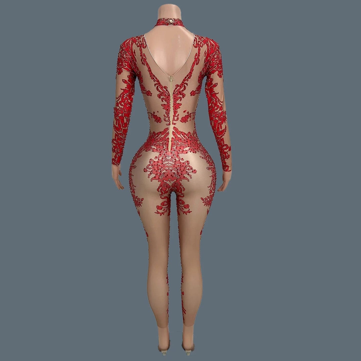 Sparkly Rhinestone Print Spandex Elastic Bodycon Jumpsuit Nightclub Party Stage Club Show Costume  Dance Skinny Wear Xiaotaohong Viralgem Store