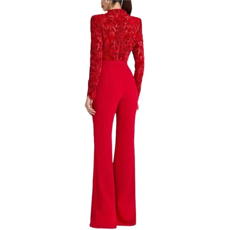 Embroidery Lace Red Jumpsuits Women Sexy Slim Long-sleeved Belt High Waist Jumpsuit Female 2025 Casual Lady Party Rompers Viralgem Store