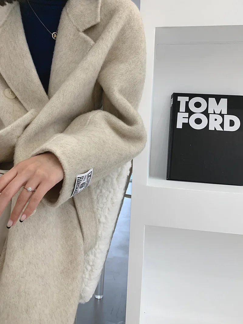 2024 Autumn Winter Wool Coat Women Double-breasted Solid Color Women's Double-sided Woolen Belt Coats Loose Warm Wool Jacket