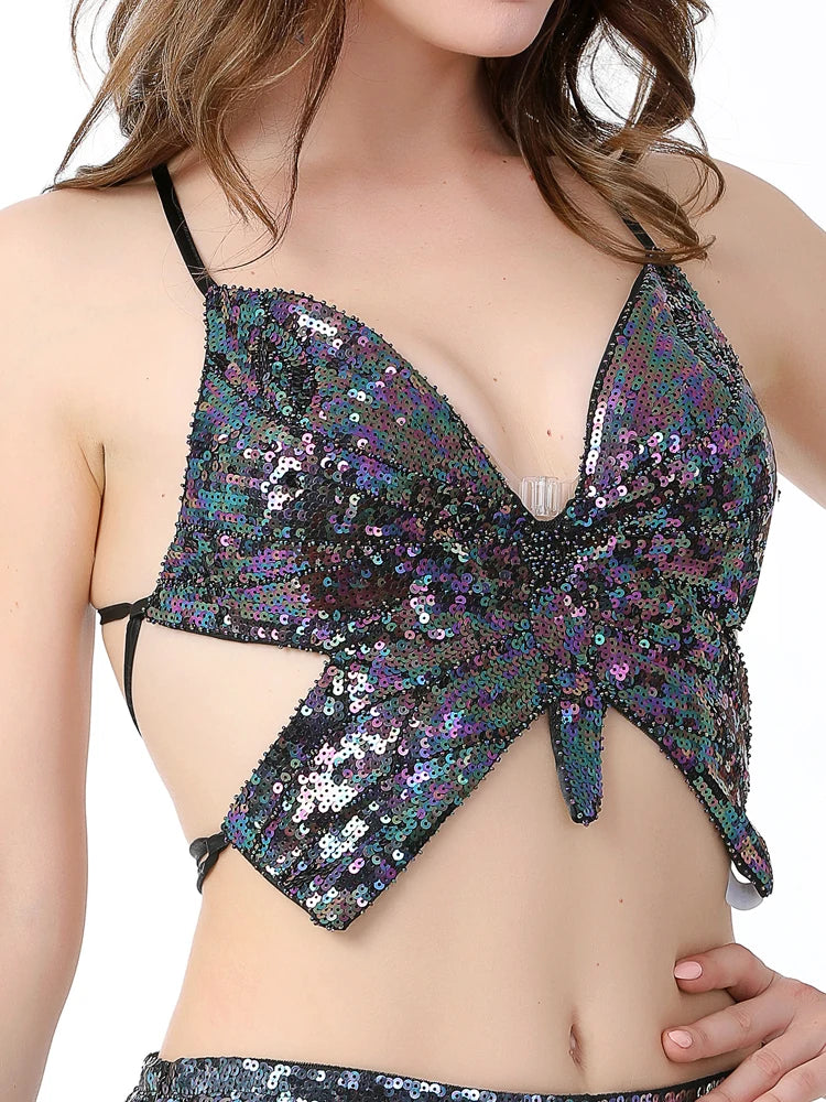 Women's Shimmer Sequin Crop Top Low-Cut Tube Top Sexy Butterfly Lace-up Tank Vest Top Rave Halloween Clubwear Camis