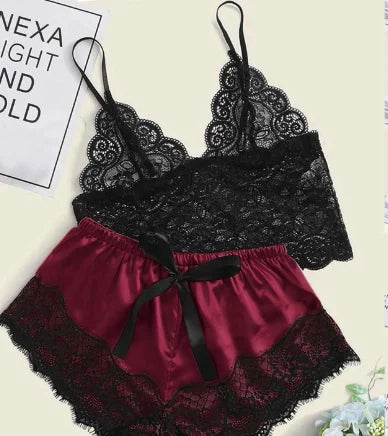 Womens Sexy Lace Sleepwear Lace Nachtkleding Lingerie Sleeveless V-Neck Babydoll Pajamas Set Lingerie Tops Shorts Set Nightwear
