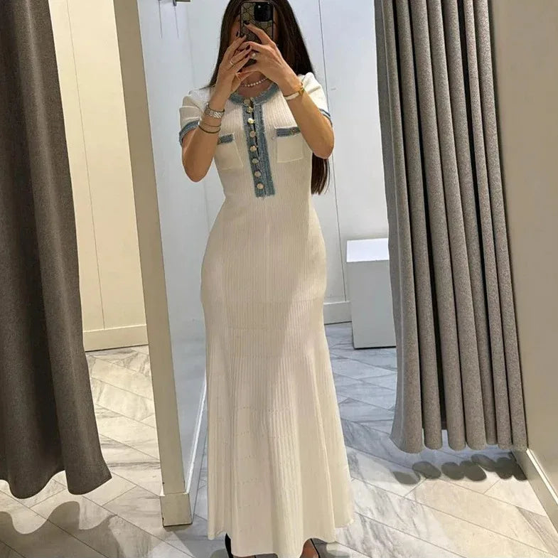 2024 New Summer Elegant Women Knitted Maxi Dress Chic O-neck Short Sleeve Denim Patchwork Bodycon Dresses Office Lady Robe Viralgem Store
