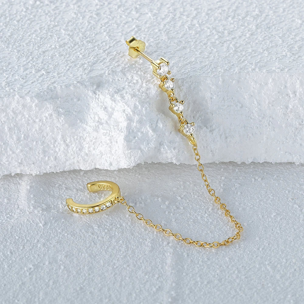 Aide 925 Sterling Silver 1pc Four Zircons Charm Chain Tassel Earrings For Women Double Studs Sparkling CZ Pave Cartilage Clips