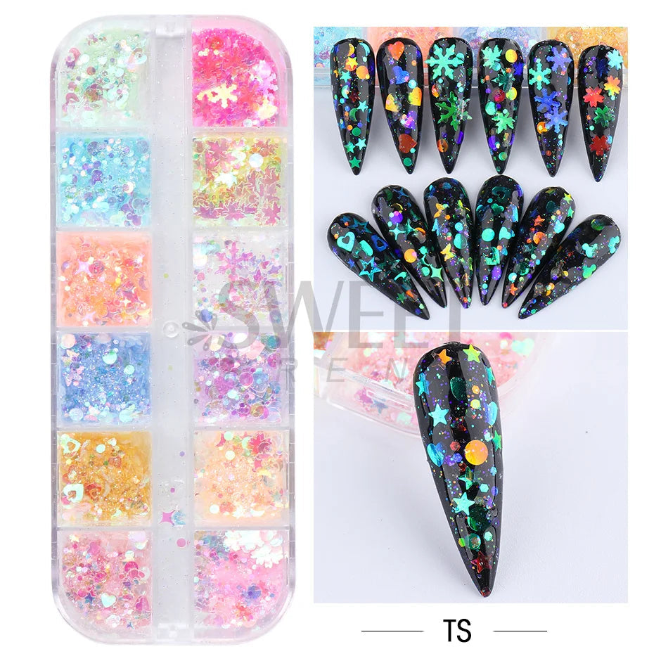 12 Grids Opal Dream Crystal Sequins Nail Flake Galaxy Iridescent Aurora 3D Paillette for Winter Autumn Manicure Decoration SWYFH Viralgem Store