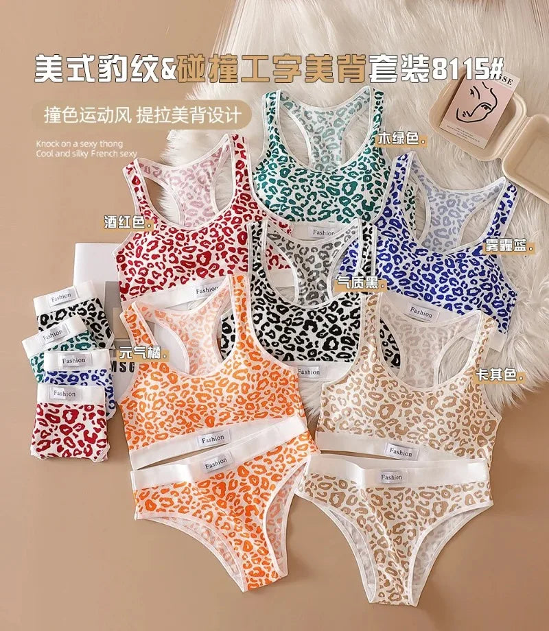 Women Seamless Bra Set Low Waist Panties Leopard Bralette Sexy Lingerie Set Vneck Sport Brassiere Female Cotton Underwear Set