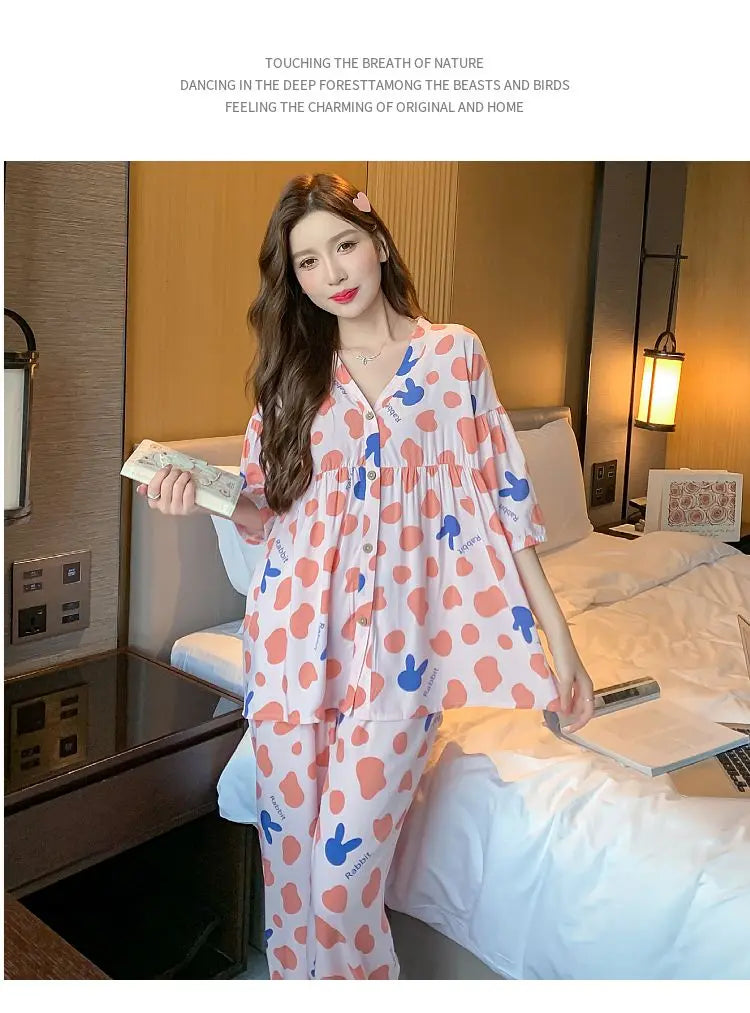 2023 New Cotton Silk Summer Pajamas Suit Plus Size Loose Ladies Home Clothes Two-piece Casual Style Thin