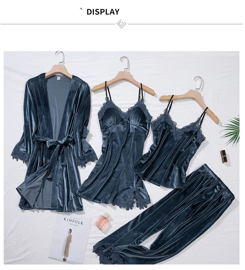 TOP Casual Velour Home Clothing 4pcs Sleep Set Intimate Lingerie Women Pajamas Suit Long Sleeve Lace Velvet Homewear Pyjamas Viralgem Store