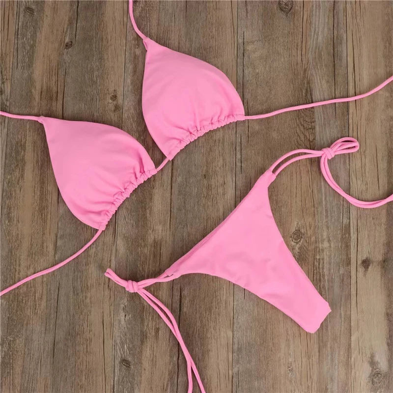 Summer Sexy Solid Bikini Sets For Women Lace-up Bras Tops Tie Side Thong Swimsuit Female Beach Bathing Suit Brazilian Swimwear Viralgem Store