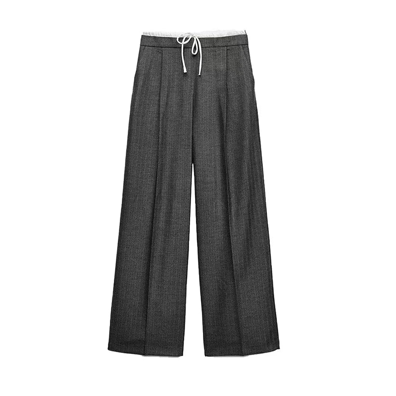 YENKYE Women Adjustable Double High Elastic Waist Wide Leg Pants With Drawstring Female Office Wear Casual Trousers pantalones