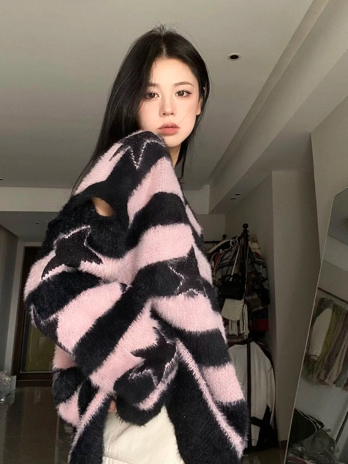 ADAgirl Harajuku Striped Sweater Oversize Y2k Style Pink Detachable Sleeves Star Print Jumpers Gothic Winter Korean Alt Clothes