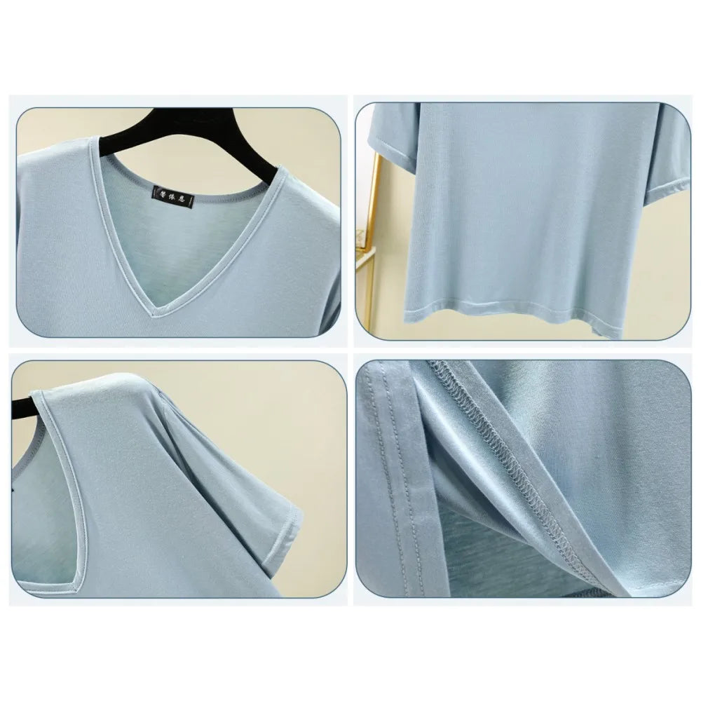 Women's T-shirt Modal V-Neck Short sleeves Tops Summer Casual T Shirts  Solid color Loose basic Bottoming Tees