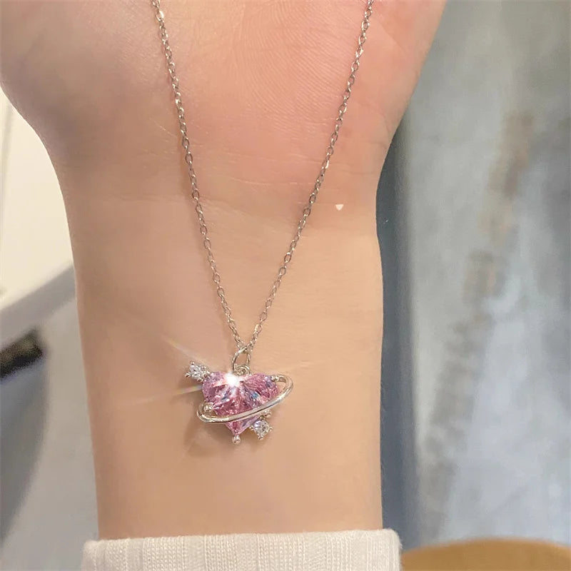 Y2K Pink Planet Heart Zircon Pendant Necklaces Women Fashion Aesthetic Clavicle Chain Necklace Valentines Day Gift Party Jewelry Viralgem Store