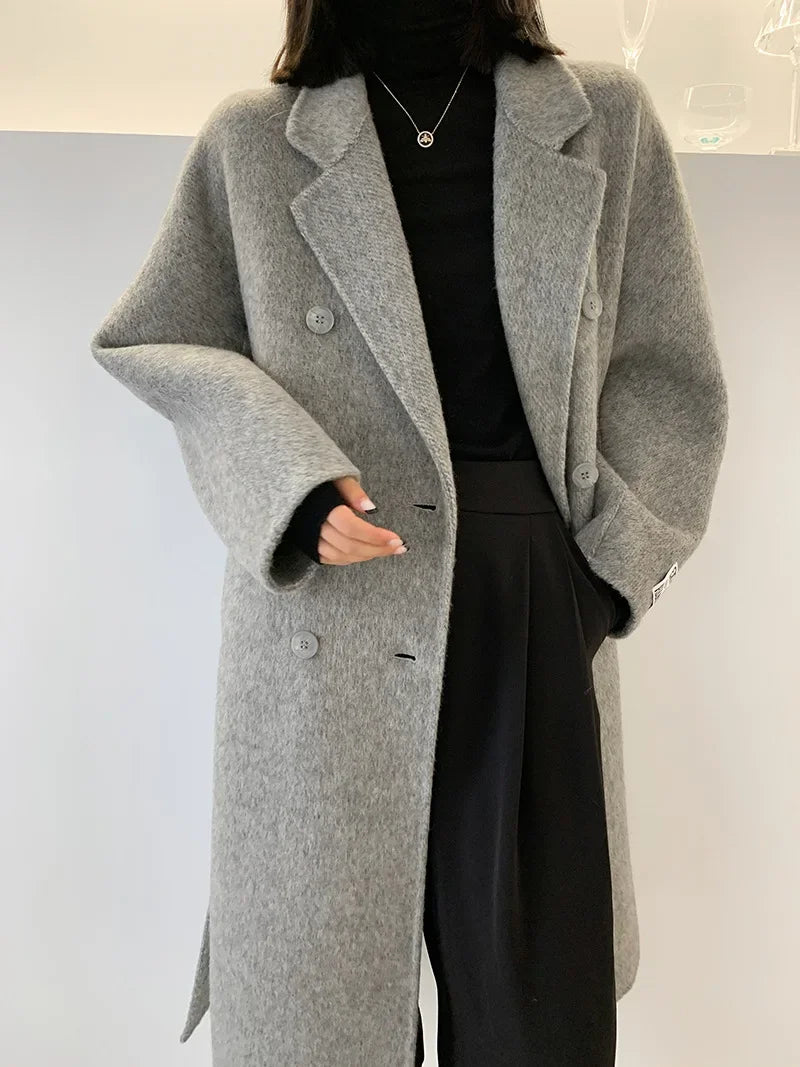 2024 Autumn Winter Wool Coat Women Double-breasted Solid Color Women's Double-sided Woolen Belt Coats Loose Warm Wool Jacket