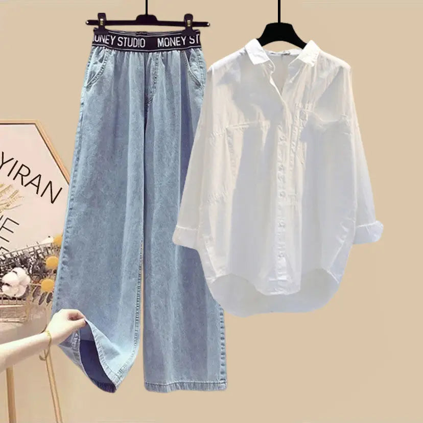 Women Summer New White Sunscreen Shirt Top+Striped Vest+Wide Leg Jeans 3 Piece Suit 2024 Korean Elegant Denim Pants Matching Set Viralgem Store