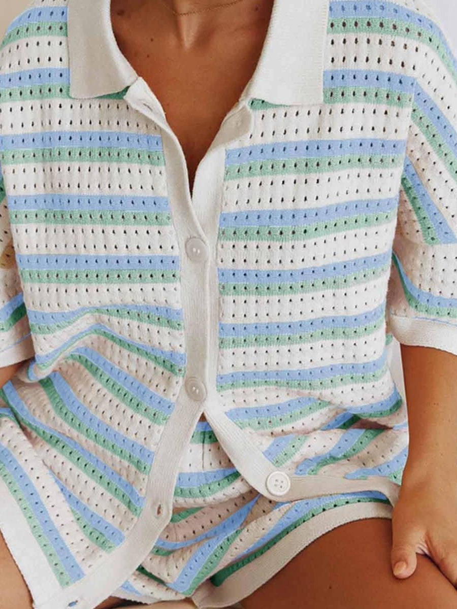 Womens Short Sleeve Striped Pajama Sets 2 Pieces Loungewear Color Block Crochet Knit Button Top and Shorts Lounge Sets Sleepwear Viralgem Store