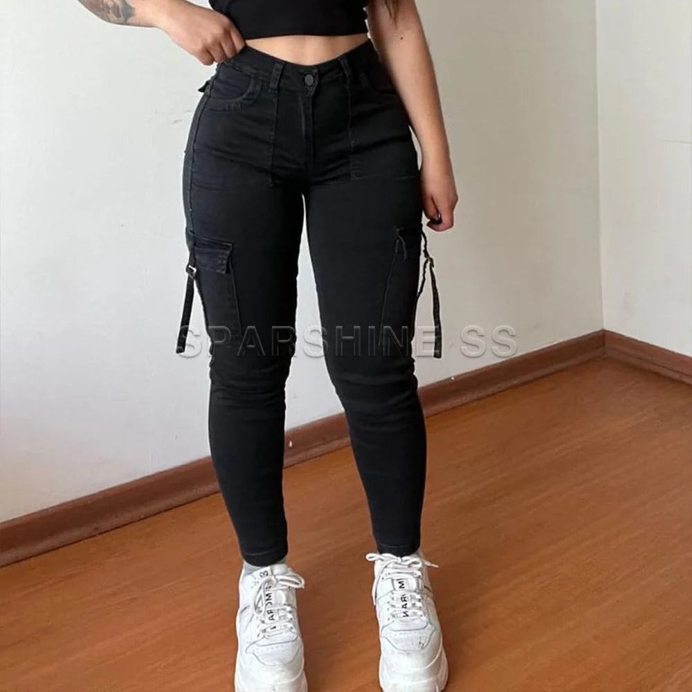 Vintage Streetwear Skinny Jeans Women Retro Y2K High Waist Jeans Casual Wash Cargo Pants Women Autumn Winter Legging Denim Pants