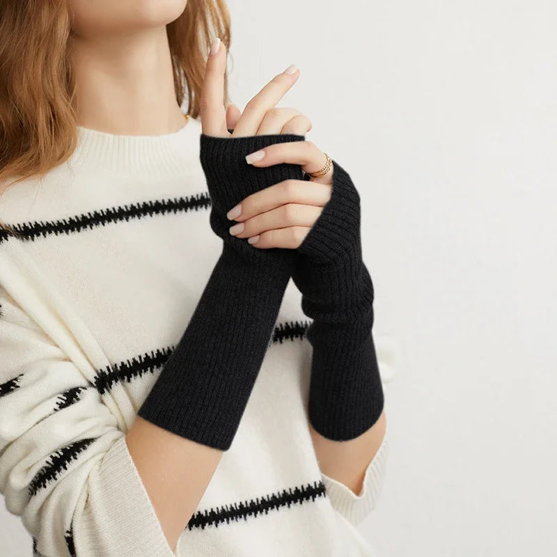 Winter Women 100% Cashmere Long Mitts 25cm Fine Knitted Fingerless Gloves Y2k Thermal Gloves Semi Finger Lengthen Arm Warmers Viralgem Store