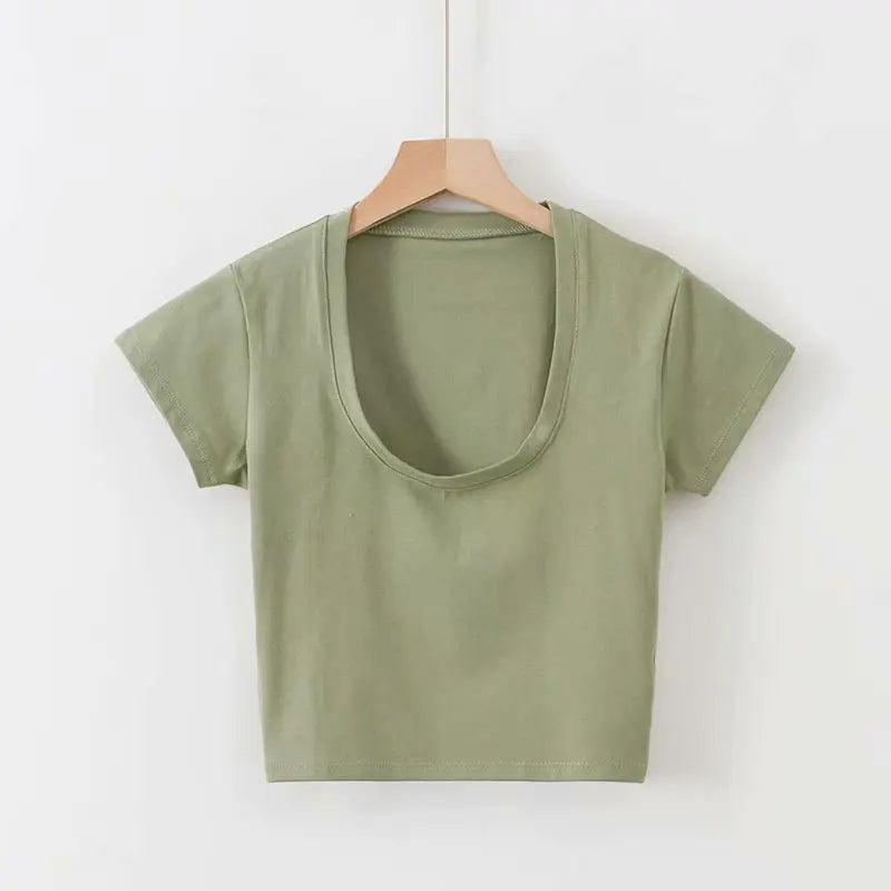 U-Neck Crop Top Solid Color Women Casual High Waist T Shirt Basic Sexy Streetwear Short Sleeve Slimming