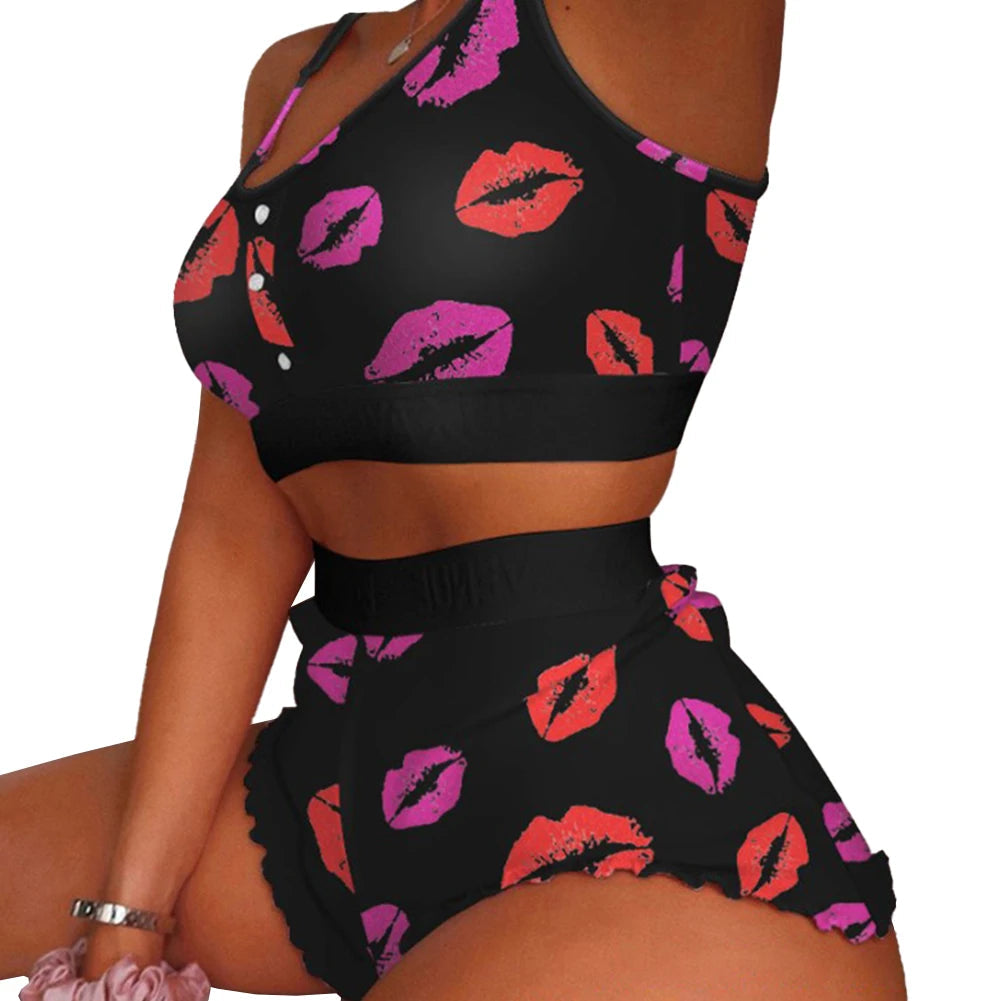 Women's Fashion Print Pajama Set Frill Hem Short + Sleeveless Crop Top Sleepwear Nightwear Lingerie Sweet Viralgem Store