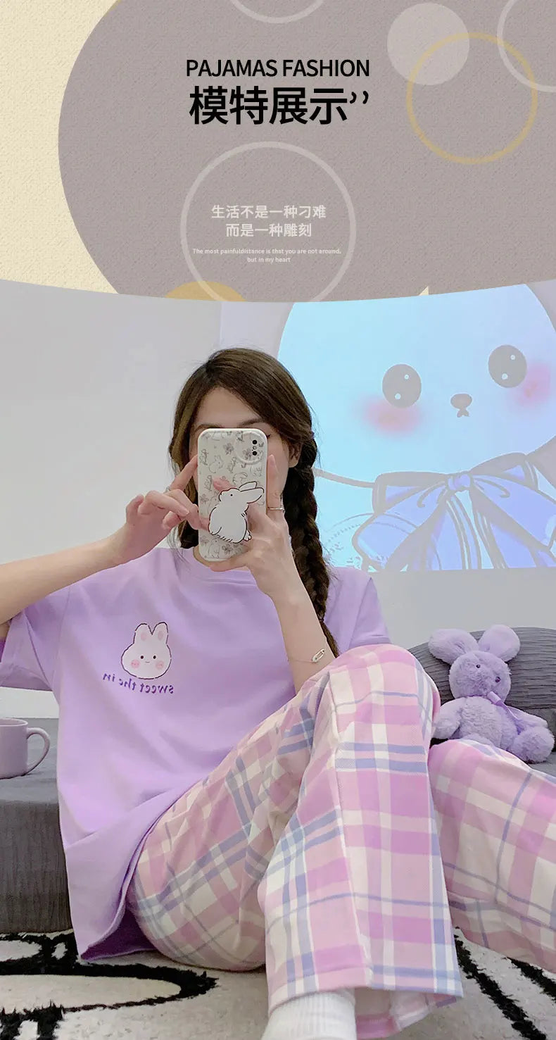 Spring Summer Women Pajamas Soft Cotton Cute Rabbit Print Pijamas Short Sleeved Plaid Pants Sleepwear Fashion Home Wear