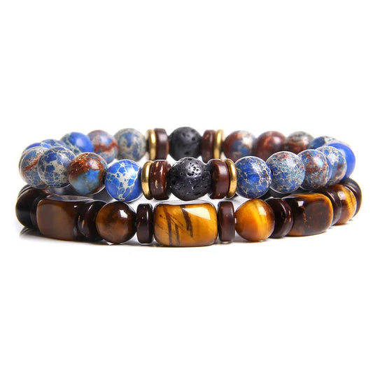 2 Chain Bracelets Friendship Jewelry Handmade Elastic Men Bangle Natural Tiger Eye Stone Beads Bracelet Unisex Pulsera Hombre Viralgem Store