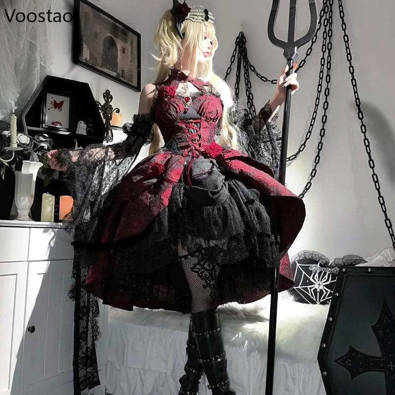 Victorian Gothic Lolita Dress Set Women Y2k Retro Rose Print Bandage Evening Party Dresses With Black Lace Sleeve Elegant Dress Viralgem Store