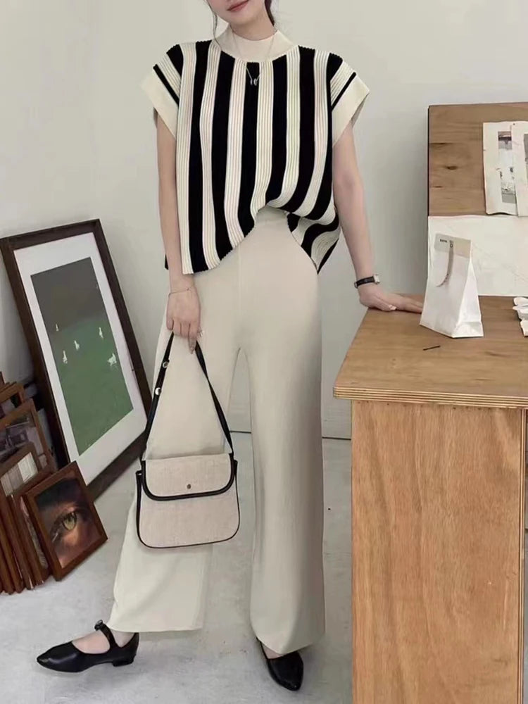 Women Sweater Pant Set Winter Knitted  Casual Pullovers Suits Long Sleeve AutumnLoose Tops Elastic Striped Elegance Sweaterpants Viralgem Store