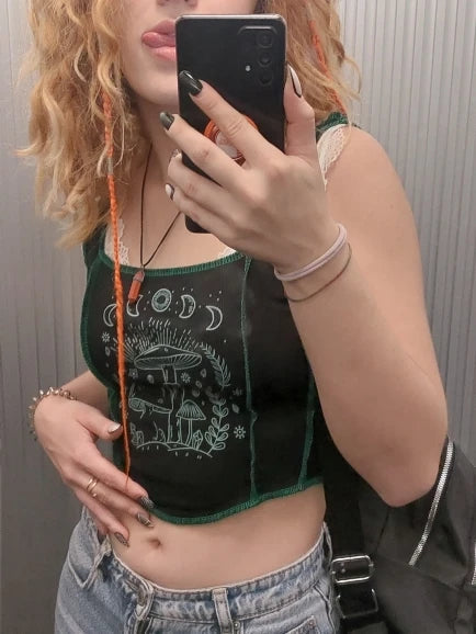 2000s Y2K Clothes High Street Plant Print Graphic Tank Top for Women Summer Grunge Sleeveless Square Neck Crop Top Streetwear Viralgem Store